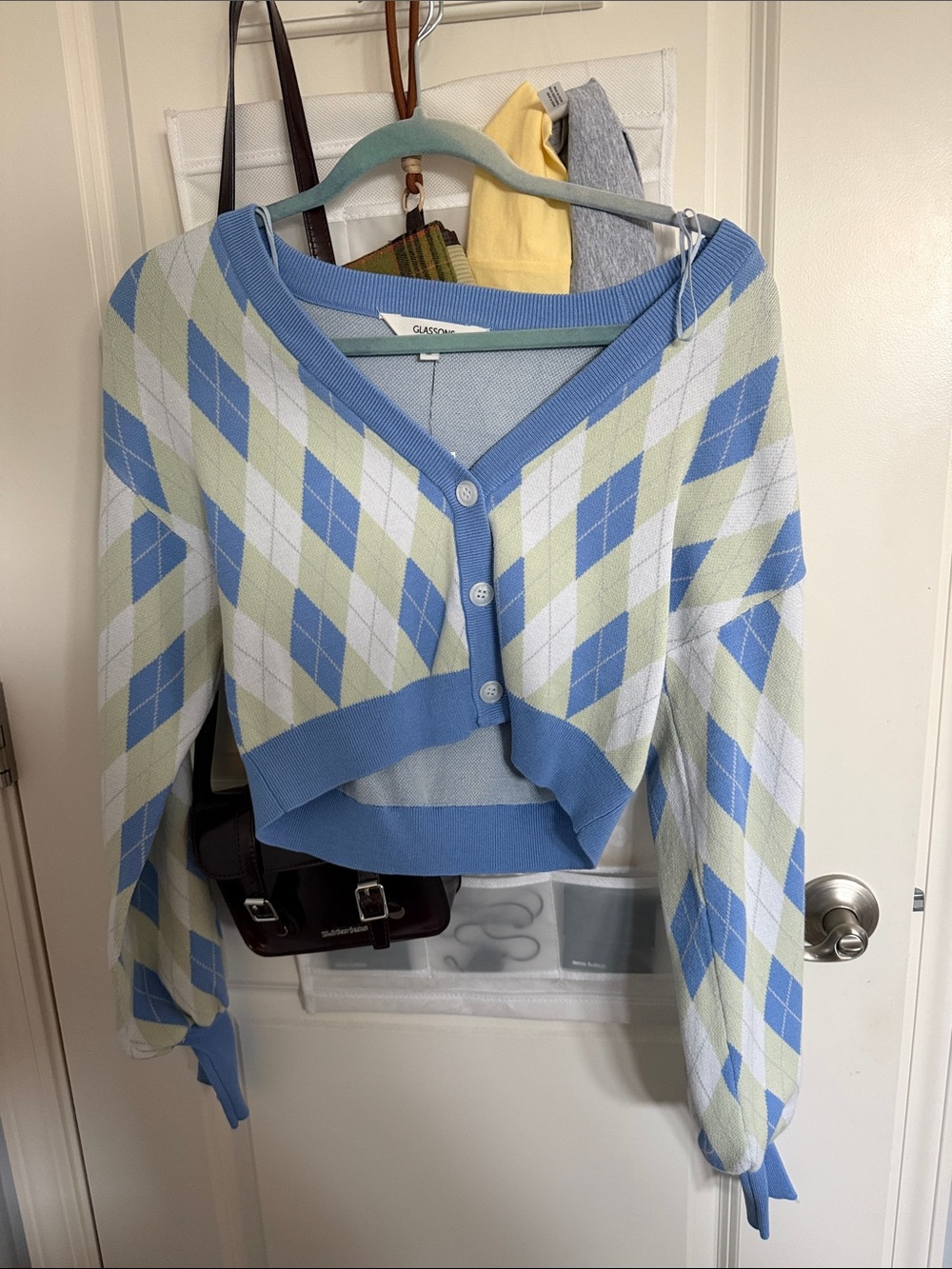 Glassons Blue Argyle Cropped Cardigan with Cream & Light Green